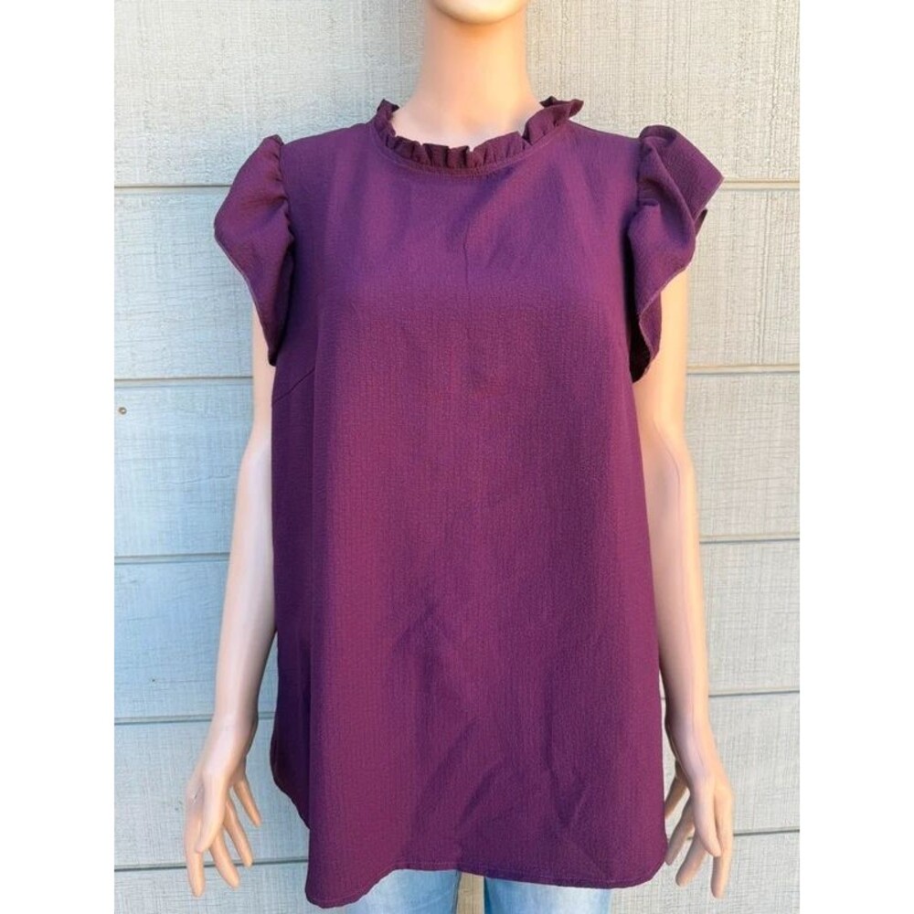 Women’s SHEIN curve purple summer frill trim round neck cap sleeve blouse 0XL